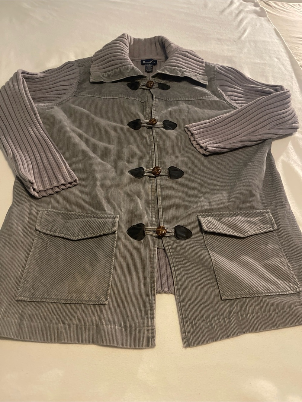 Denim&Co Light Gray Corduroy Toggle Coat with Ribbed Sleeves see measurements